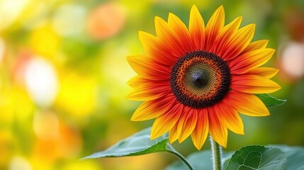 Obraz premium Vibrant red and yellow sunflower blossom in a sun-drenched garden, bokeh background.