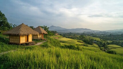 Fototapeta premium Traditional Straw Bungalow Houses Surrounded by Lush Green Nature on a Hilltop with a Scenic Mountain View