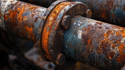 Rusty steel pipe with flanges showcasing corrosion in heavy industry setting detailed close up shot