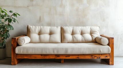 Elegant wooden sofa with plush cushions in a minimalistic living room setting featuring natural textures and warm tones.