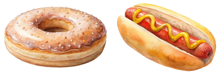 Watercolor food illustration, delicious donut, classic hot dog, vibrant colors, appetizing design, culinary art.