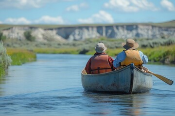 Senior couple canoeing on river enjoying summer vacation in wyoming wilderness