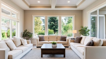 Fototapeta premium Minimalistic living room design featuring cozy seating, natural light, and a serene atmosphere with a focus on ceiling and lighting elements