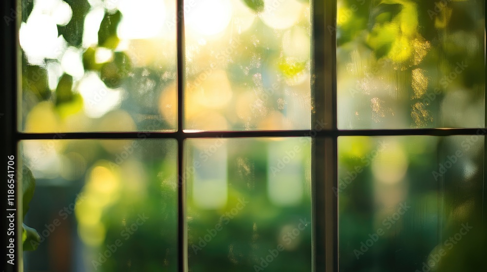 Poster serene office window with soft bokeh effect and natural light creating a modern and inviting ambianc