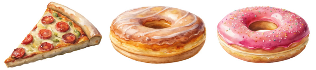 Watercolor food illustration, pizza slice, glazed donut, pink frosted donut, delicious dessert art.