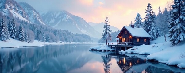 Fototapeta premium A small cabin by a frozen river with snow-covered trees and hills in the background, serene environment, winter wonderland, peacefulness