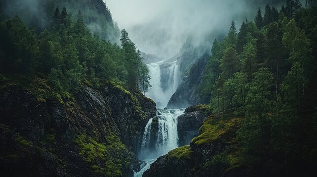 Steinsdalsfossen Waterfall Surrounded by Lush Green Trees and Misty Mountains in Norway Scenic Landscape Nature Photography