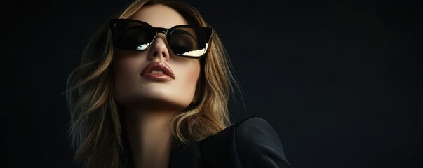 Stylish woman in black outfit wearing sunglasses, showcasing a bold fashion statement with a confident pose against a dark background. Fashion and elegance concept.