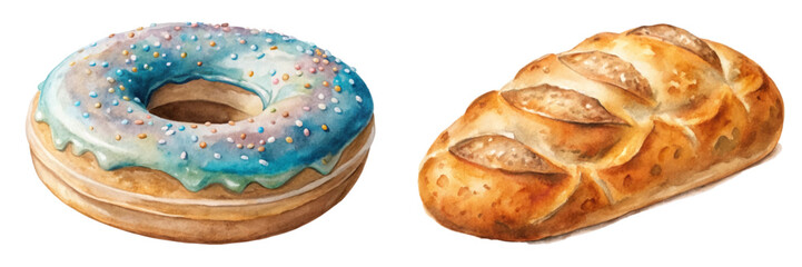 Watercolor illustration, colorful donut, fresh bread loaf, bakery items, delicious pastries, food art, sweet treats.