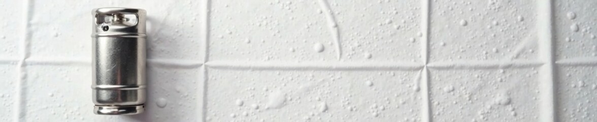 Isolated metal beer keg on a plain white tablecloth with condensation, homebrewing equipment, equipment, metal