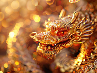 Fototapeta premium Chinese New Year snake figurines, detailed close-up of traditional Chinese decorations, intricate patterns, rich textures, warm golden lighting