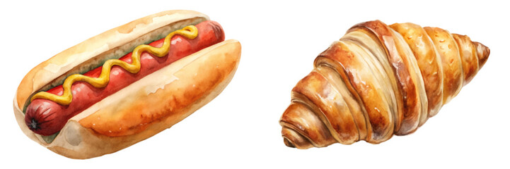 Watercolor hot dog, flaky croissant, food illustration, delicious snacks, culinary art, vibrant colors, appetizing design.