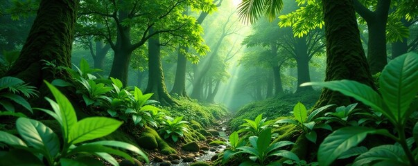 lush green vegetation in a subtropical forest, summer, lush, tropical