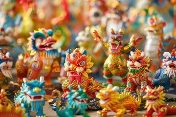 Chinese New Year snake figurines, dynamic parade scene, lion and dragon dancers, vivid details, cheering crowd, cultural richness