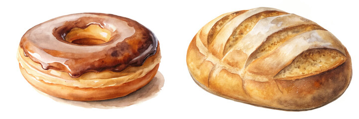 Watercolor illustration, delicious donut, fresh bread loaf, bakery items, food art, culinary design.