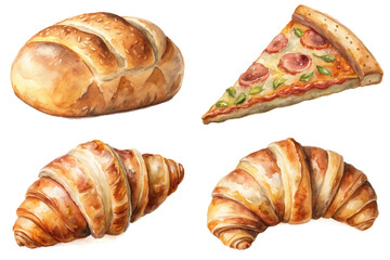 Watercolor food illustration, fresh baked bread, delicious pizza slice, flaky croissants, culinary art style.