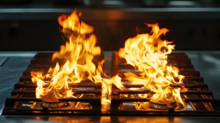 Naklejka premium Vibrant flames dancing on a modern kitchen stove illustrating culinary artistry and the excitement of cooking with gas.
