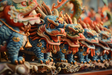 Fototapeta premium Chinese New Year snake figurines, dynamic parade scene, lion and dragon dancers, vivid details, cheering crowd, cultural richness