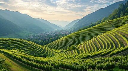 Fototapeta premium vineyards on steep hillsides with lush greenery overlooking a serene valley at sunrise in a picturesque landscape setting