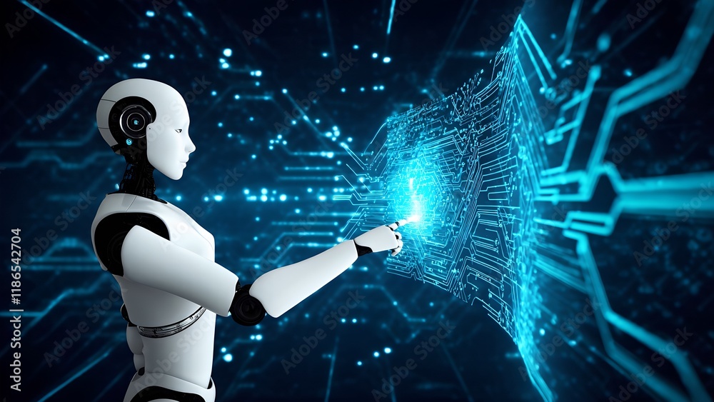 Poster exploring robotic technology a futuristic interaction in a digital environment