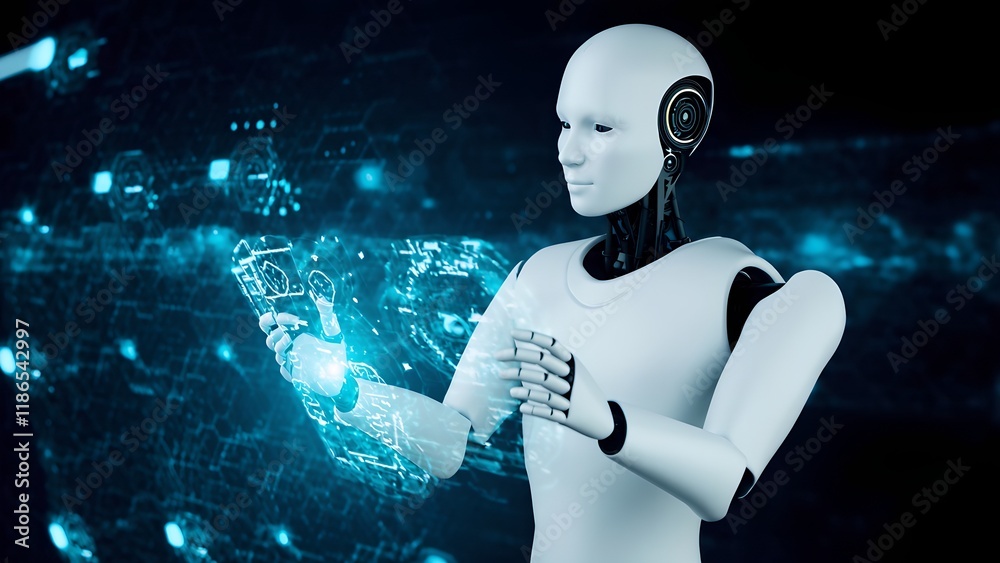 Poster robotic interaction with digital interface futuristic setting high-tech imagery virtual environment 