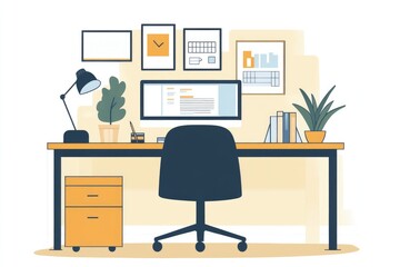 Modern office desk setup featuring computer, chair, and decor