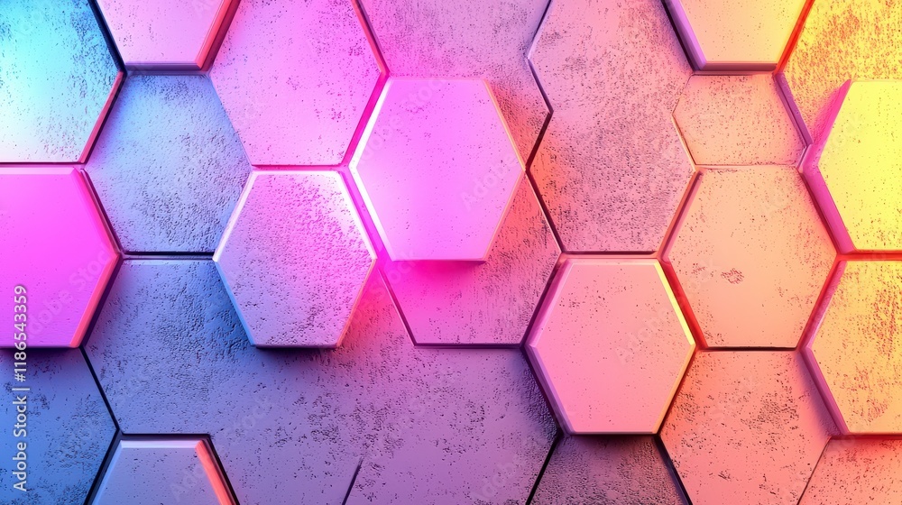 Poster abstract hexagonal pattern with colorful neon lights and textured surface for creative background de