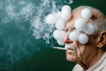 Man puffing on cigarette, oral leukoplakia visible