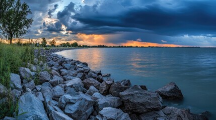 Dramatic Dusk Over Rocky Shoreline with Approaching Storm Clouds and Calm Water Reflections