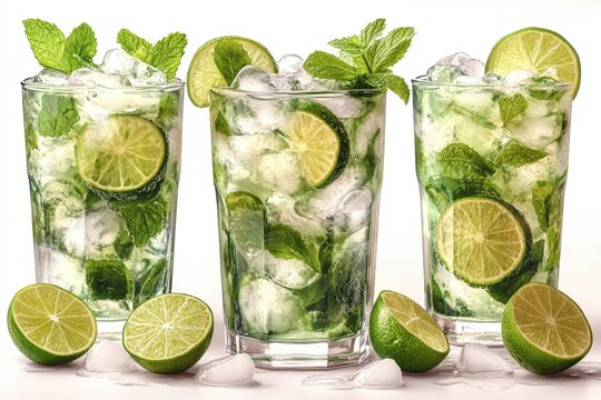 Freshly mixed mojito cocktail with lime slices and mint leaves