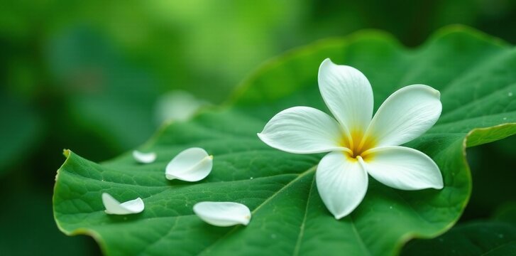 Delicate white flower petals scattered on a green leaf, floral, temple tree
