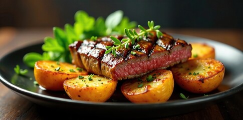 Grilled beef on thyme potatoes with golden brown crust, beef, grill, flavorful
