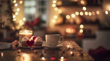 Romantic kitchen scene with a couple sharing heart-shaped cupcakes and hot chocolate, surrounded by warm fairy lights and festive Valentine’s decor