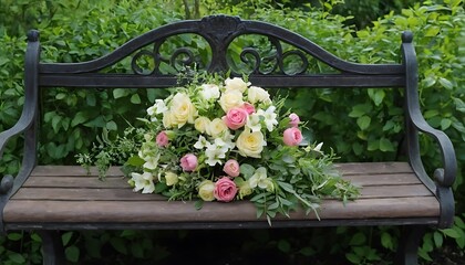 bouquet of flowers resting on a bench in the middle of the greenery