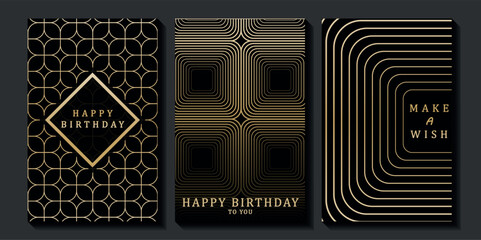 Set of luxury birthday cards on a black background. Modern gold and black design. Golden elegant geometric pattern, gold line on dark background. Premium design illustration for birthday party.