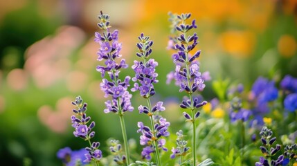 Obraz premium Purple flower stems in vibrant garden bed showcasing natural beauty and floral diversity with soft bokeh background effects.