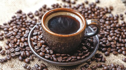 Steaming cup of coffee surrounded by roasted coffee beans on a rustic burlap background ideal for a cozy coffee shop or advertisement.