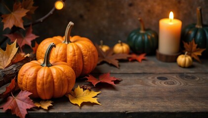 Wooden table with pumpkins, leaves, and twigs, warm candlelight, fall colors, cozy ambiance, leaf arrangement