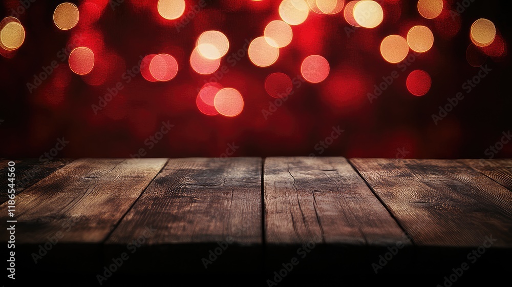 Poster empty rustic wooden table with soft focus red bokeh background ideal for holiday product display and