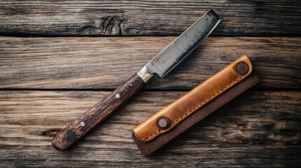 Straight Razor with Leather Strop on Rustic Wooden Background for Grooming and Barbering Tools Elegance