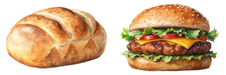 Watercolor illustration, delicious hamburger, fresh ingredients, sesame seed bun, appetizing food art, culinary design.