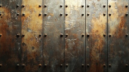 Fototapeta premium Rustic steel plate background with rivets showcasing a distressed and weathered metal texture ideal for industrial design applications.