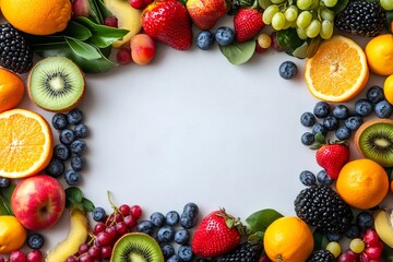 Fresh fruits frame creating vibrant and healthy border on white background