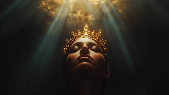 queen with golden crown on dark background with light rays