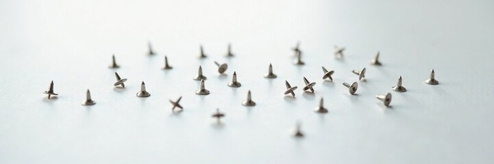 Tiny metallic pins scattered on a pristine white surface, closeup, metallic