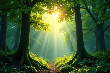 Soft sunlight filters through the forest canopy above, leafy trees, forest ambiance