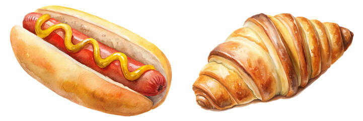 Watercolor illustration, hot dog with mustard, flaky croissant, food art, culinary design, vibrant colors.