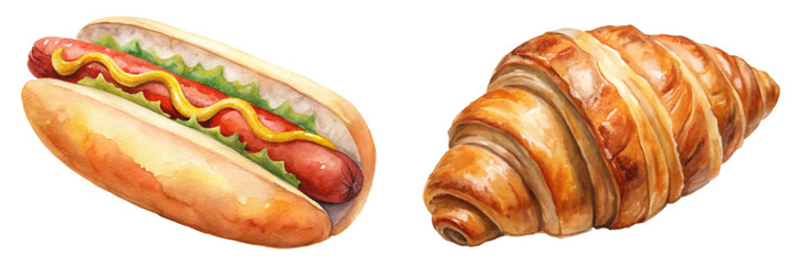 Watercolor illustration, hot dog, fresh croissant, food art, culinary design, delicious snacks, breakfast options.