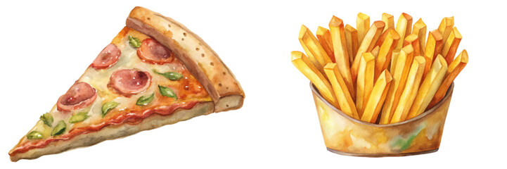 Watercolor pizza slice, crispy French fries, vibrant colors, food illustration, delicious snacks, culinary art.