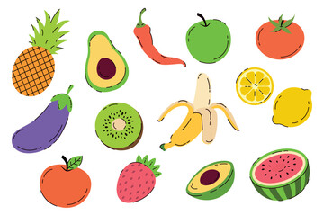 Set of fruits and vegetables. Vector illustration in flat style